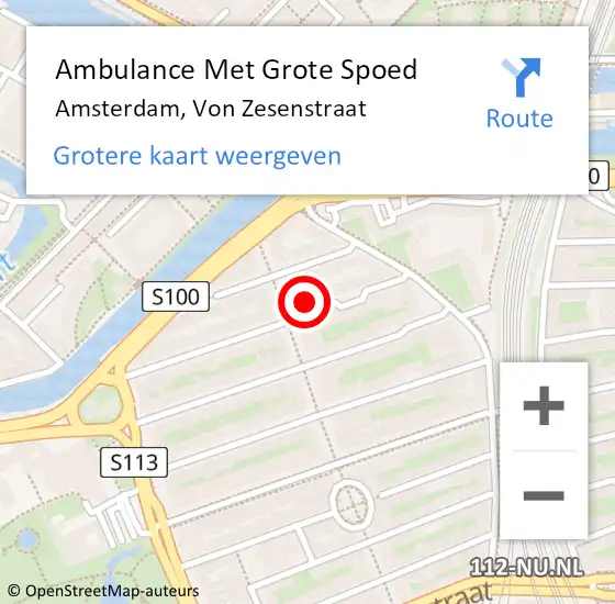 Locatie op kaart van de 112 melding: Ambulance Met Grote Spoed Naar Amsterdam, Von Zesenstraat op 1 mei 2024 23:47