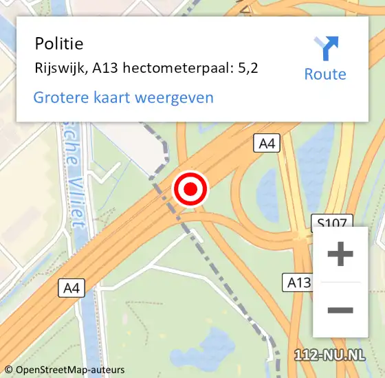 Locatie op kaart van de 112 melding: Politie Rijswijk, A13 hectometerpaal: 5,2 op 1 mei 2024 23:49