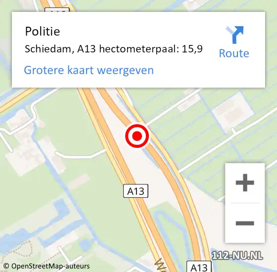 Locatie op kaart van de 112 melding: Politie Schiedam, A13 hectometerpaal: 15,9 op 2 mei 2024 05:16