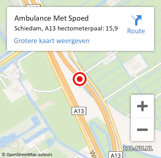 Locatie op kaart van de 112 melding: Ambulance Met Spoed Naar Schiedam, A13 hectometerpaal: 15,9 op 2 mei 2024 05:17