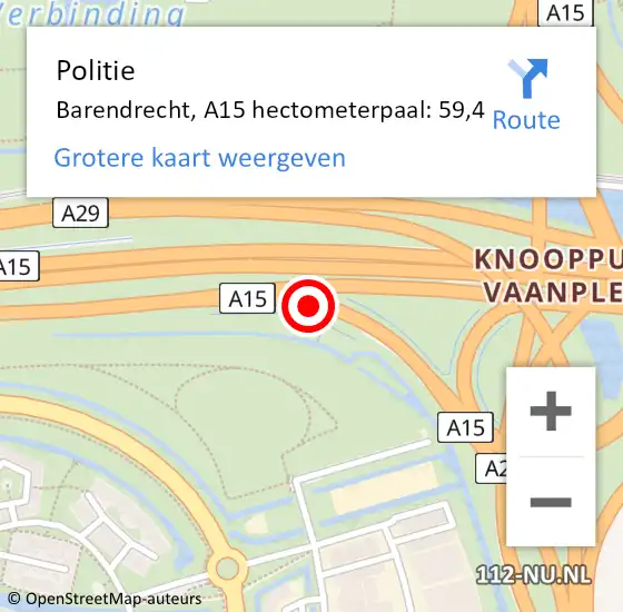 Locatie op kaart van de 112 melding: Politie Barendrecht, A15 hectometerpaal: 59,4 op 2 mei 2024 10:52