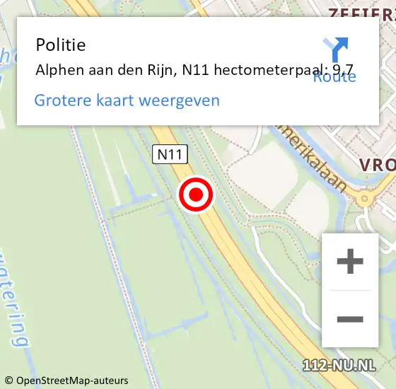Locatie op kaart van de 112 melding: Politie Alphen aan den Rijn, N11 hectometerpaal: 9,7 op 2 mei 2024 17:38