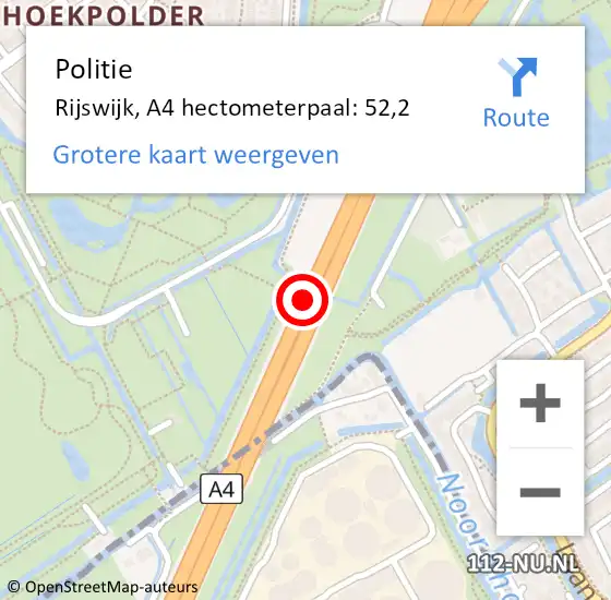 Locatie op kaart van de 112 melding: Politie Rijswijk, A4 hectometerpaal: 52,2 op 2 mei 2024 18:53