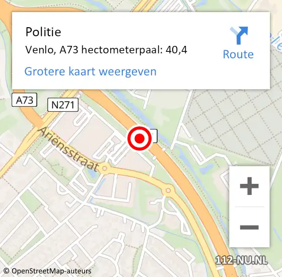 Locatie op kaart van de 112 melding: Politie Venlo, A73 hectometerpaal: 40,4 op 2 mei 2024 20:48