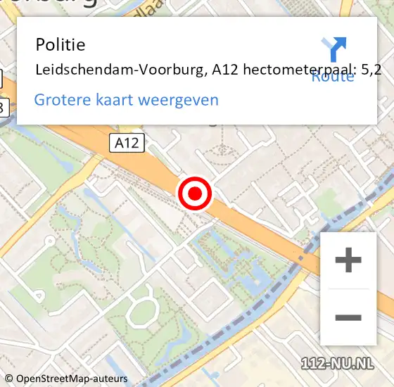 Locatie op kaart van de 112 melding: Politie Leidschendam-Voorburg, A12 hectometerpaal: 5,2 op 2 mei 2024 21:32
