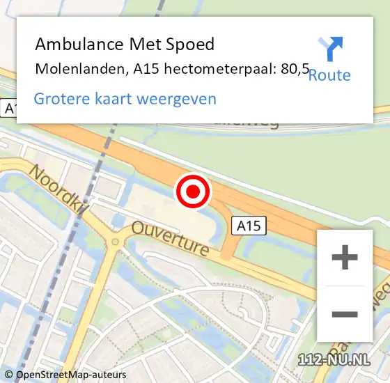 Locatie op kaart van de 112 melding: Ambulance Met Spoed Naar Molenlanden, A15 hectometerpaal: 80,5 op 3 mei 2024 00:12