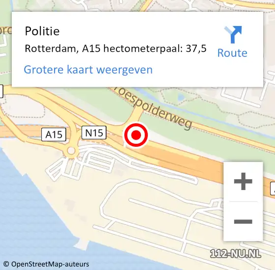 Locatie op kaart van de 112 melding: Politie Rotterdam, A15 hectometerpaal: 37,5 op 3 mei 2024 13:40