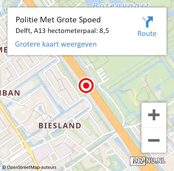 Locatie op kaart van de 112 melding: Politie Met Grote Spoed Naar Delft, A13 hectometerpaal: 8,5 op 3 mei 2024 17:59