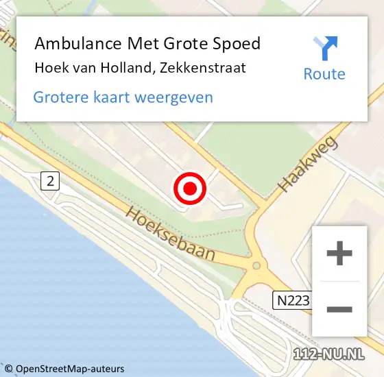 Locatie op kaart van de 112 melding: Ambulance Met Grote Spoed Naar Hoek van Holland, Zekkenstraat op 5 mei 2024 03:02