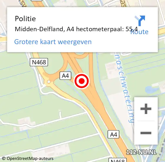 Locatie op kaart van de 112 melding: Politie Midden-Delfland, A4 hectometerpaal: 55,4 op 6 mei 2024 00:48