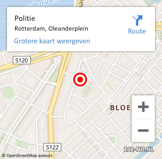 Locatie op kaart van de 112 melding: Politie Rotterdam, Oleanderplein op 6 mei 2024 01:23