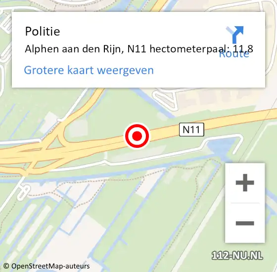 Locatie op kaart van de 112 melding: Politie Alphen aan den Rijn, N11 hectometerpaal: 11,8 op 6 mei 2024 08:50