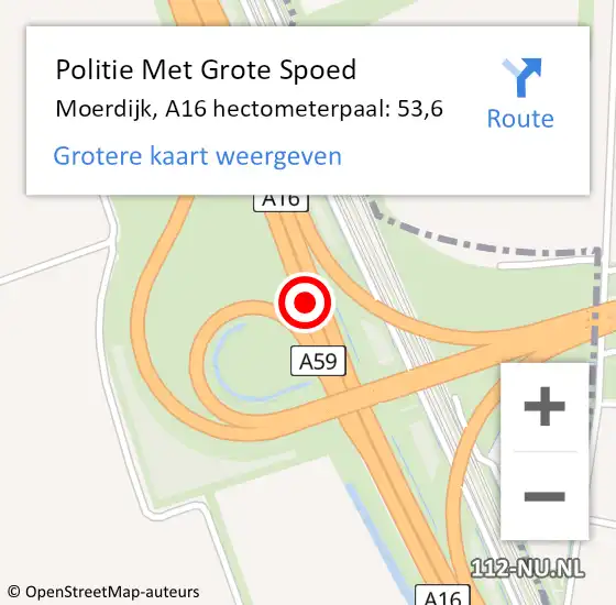 Locatie op kaart van de 112 melding: Politie Met Grote Spoed Naar Moerdijk, A16 hectometerpaal: 53,6 op 6 mei 2024 12:04