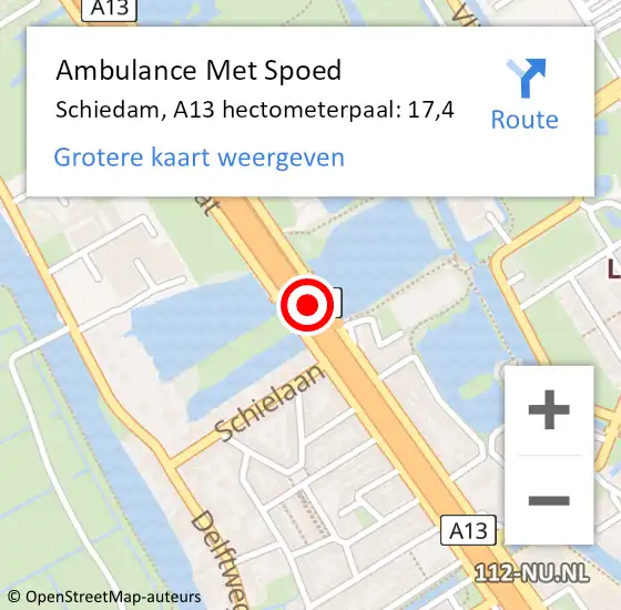 Locatie op kaart van de 112 melding: Ambulance Met Spoed Naar Schiedam, A13 hectometerpaal: 17,4 op 6 mei 2024 12:34