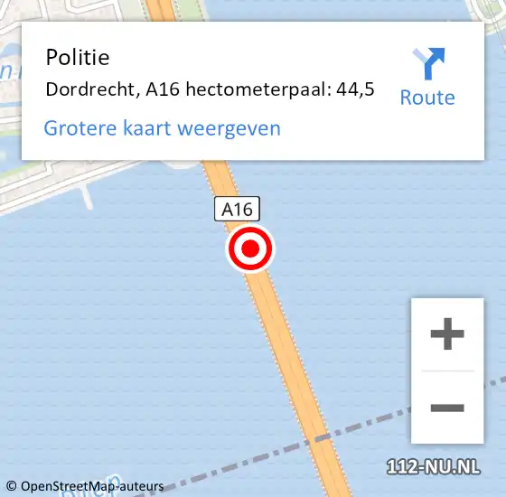 Locatie op kaart van de 112 melding: Politie Hoeksche Waard, A16 hectometerpaal: 44,5 op 6 mei 2024 15:35
