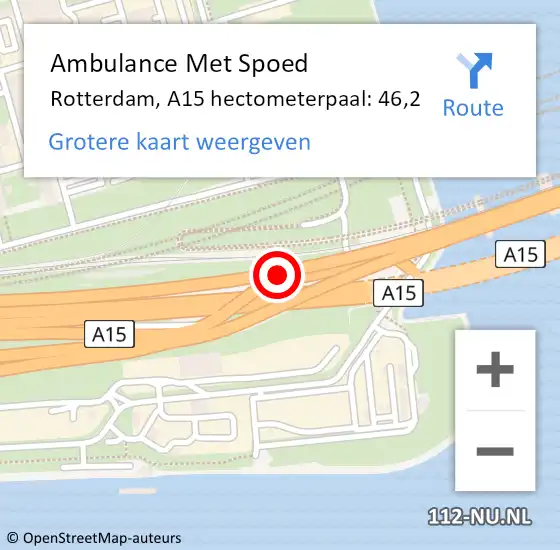 Locatie op kaart van de 112 melding: Ambulance Met Spoed Naar Rotterdam, A15 hectometerpaal: 46,2 op 6 mei 2024 16:34