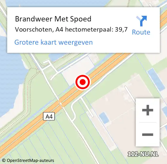Locatie op kaart van de 112 melding: Brandweer Met Spoed Naar Voorschoten, A4 hectometerpaal: 39,7 op 6 mei 2024 16:39