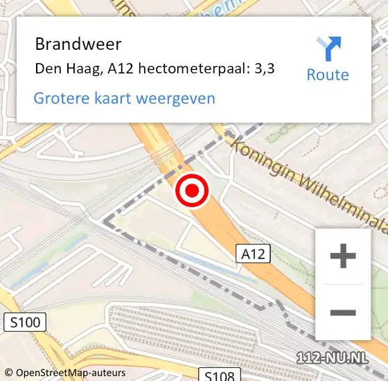 Locatie op kaart van de 112 melding: Brandweer Den Haag, A12 hectometerpaal: 3,3 op 6 mei 2024 17:08