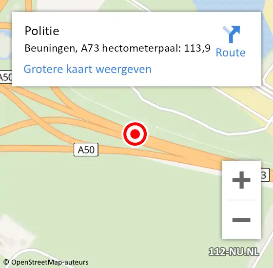 Locatie op kaart van de 112 melding: Politie Beuningen, A73 hectometerpaal: 113,9 op 6 mei 2024 17:13