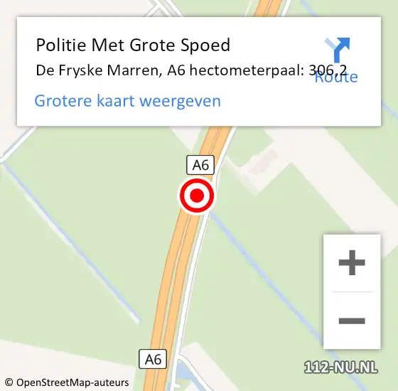 Locatie op kaart van de 112 melding: Politie Met Grote Spoed Naar De Fryske Marren, A6 hectometerpaal: 306,2 op 6 mei 2024 20:14