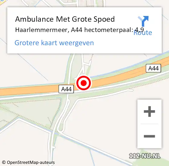 Locatie op kaart van de 112 melding: Ambulance Met Grote Spoed Naar Haarlemmermeer, A44 hectometerpaal: 4,9 op 7 mei 2024 06:08