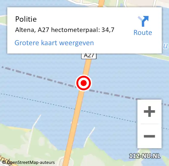 Locatie op kaart van de 112 melding: Politie Altena, A27 hectometerpaal: 34,7 op 7 mei 2024 07:30