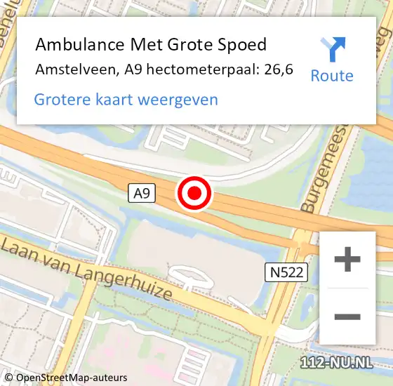 Locatie op kaart van de 112 melding: Ambulance Met Grote Spoed Naar Amstelveen, A9 hectometerpaal: 26,6 op 7 mei 2024 08:29