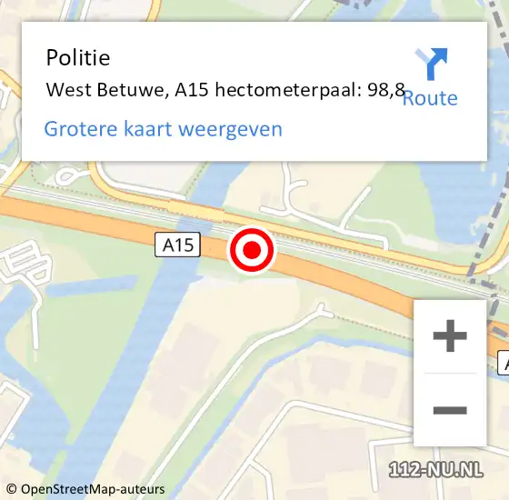 Locatie op kaart van de 112 melding: Politie West Betuwe, A15 hectometerpaal: 98,8 op 7 mei 2024 09:16