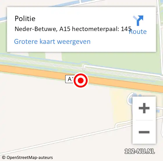 Locatie op kaart van de 112 melding: Politie Neder-Betuwe, A15 hectometerpaal: 145 op 7 mei 2024 10:45