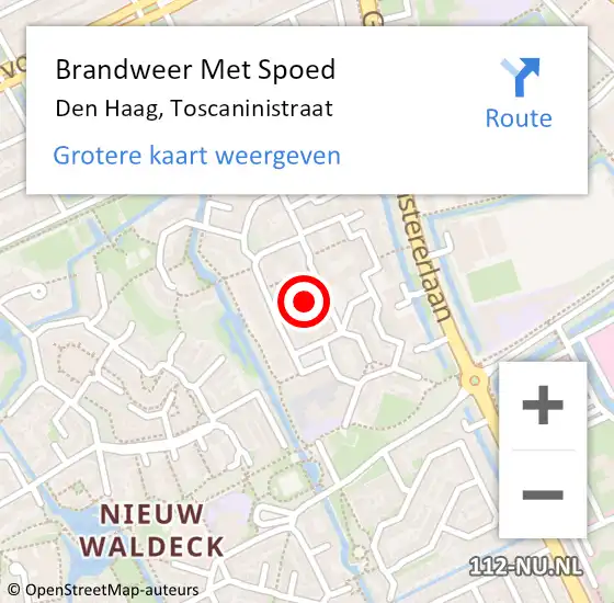 Locatie op kaart van de 112 melding: Brandweer Met Spoed Naar Den Haag, Toscaninistraat op 7 mei 2024 12:08