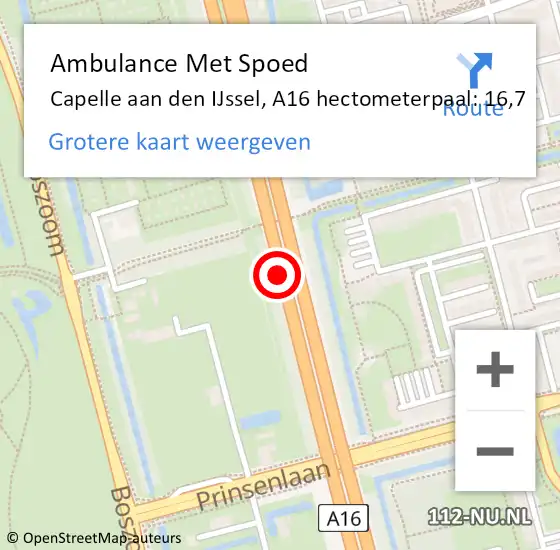 Locatie op kaart van de 112 melding: Ambulance Met Spoed Naar Capelle aan den IJssel, A16 hectometerpaal: 16,7 op 7 mei 2024 13:27