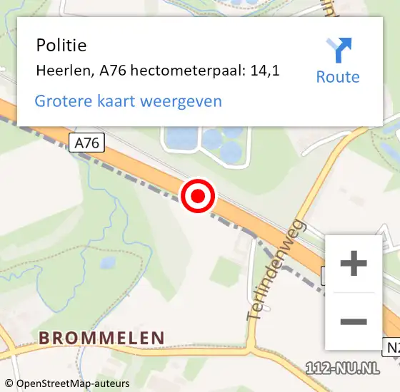 Locatie op kaart van de 112 melding: Politie Heerlen, A76 hectometerpaal: 14,1 op 7 mei 2024 13:59