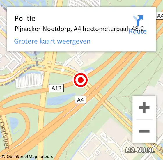 Locatie op kaart van de 112 melding: Politie Pijnacker-Nootdorp, A4 hectometerpaal: 48,2 op 7 mei 2024 14:25