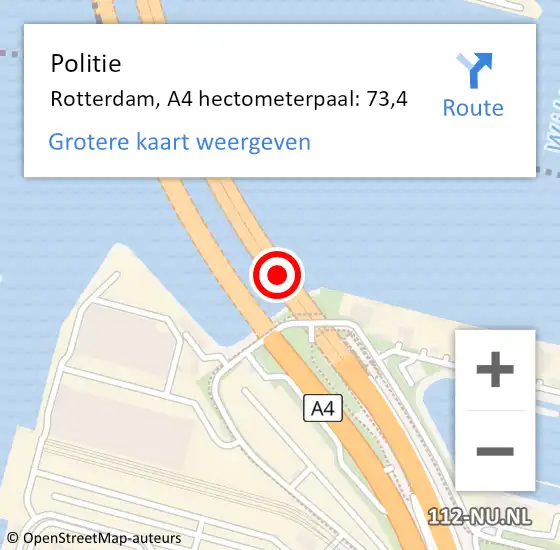 Locatie op kaart van de 112 melding: Politie Rotterdam, A4 hectometerpaal: 73,4 op 7 mei 2024 14:26
