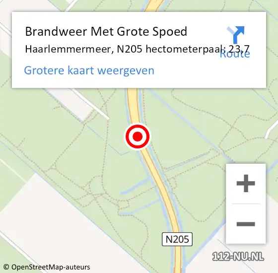 Locatie op kaart van de 112 melding: Brandweer Met Grote Spoed Naar Haarlemmermeer, N205 hectometerpaal: 23,7 op 7 mei 2024 15:18