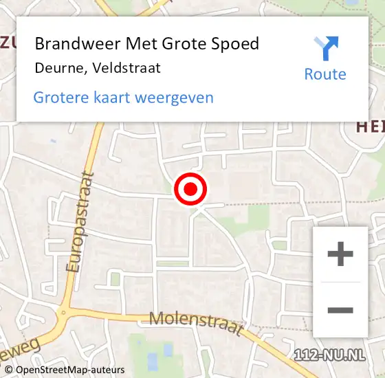 Locatie op kaart van de 112 melding: Brandweer Met Grote Spoed Naar Deurne, Veldstraat op 7 mei 2024 15:45