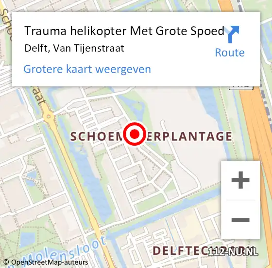 Locatie op kaart van de 112 melding: Trauma helikopter Met Grote Spoed Naar Delft, Van Tijenstraat op 7 mei 2024 16:46