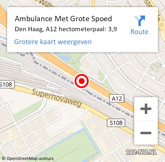 Locatie op kaart van de 112 melding: Ambulance Met Grote Spoed Naar Den Haag, A12 hectometerpaal: 3,9 op 7 mei 2024 18:24