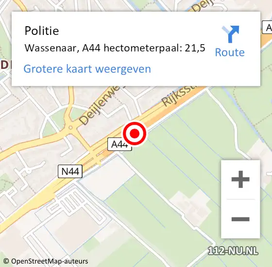 Locatie op kaart van de 112 melding: Politie Wassenaar, A44 hectometerpaal: 21,5 op 7 mei 2024 18:25