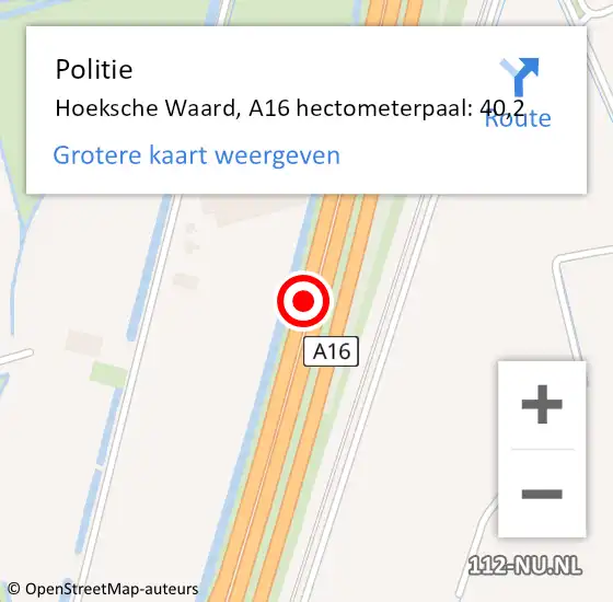 Locatie op kaart van de 112 melding: Politie Hoeksche Waard, A16 hectometerpaal: 40,2 op 7 mei 2024 20:11