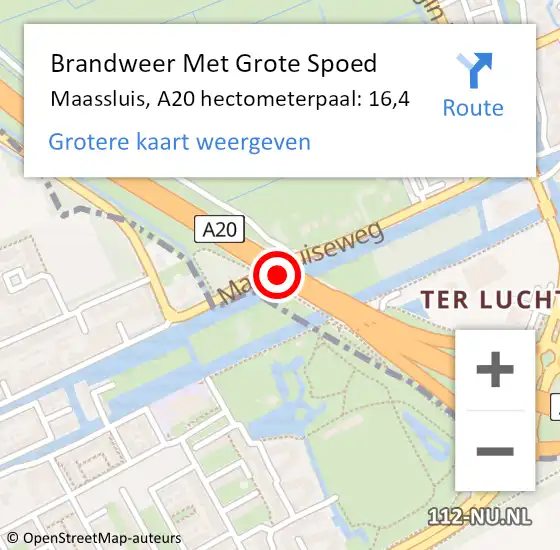 Locatie op kaart van de 112 melding: Brandweer Met Grote Spoed Naar Maassluis, A20 hectometerpaal: 16,4 op 7 mei 2024 22:26