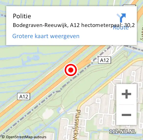 Locatie op kaart van de 112 melding: Politie Bodegraven-Reeuwijk, A12 hectometerpaal: 30,2 op 8 mei 2024 07:32