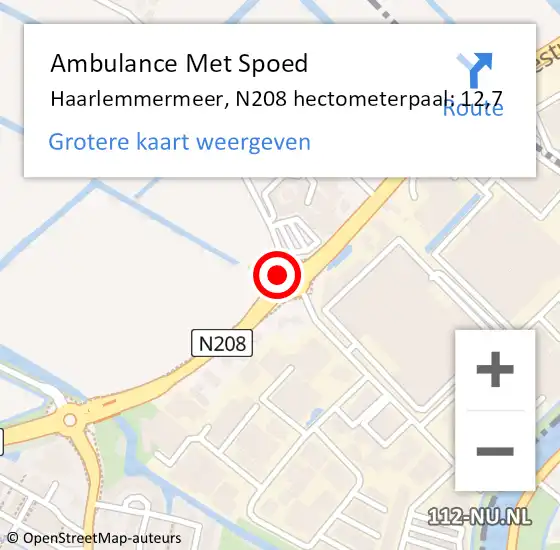 Locatie op kaart van de 112 melding: Ambulance Met Spoed Naar Haarlemmermeer, N208 hectometerpaal: 12,7 op 8 mei 2024 07:53
