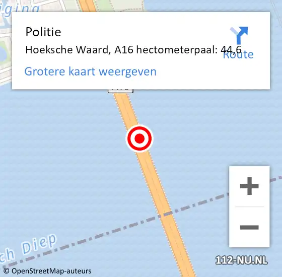 Locatie op kaart van de 112 melding: Politie Hoeksche Waard, A16 hectometerpaal: 44,6 op 8 mei 2024 11:40