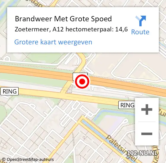 Locatie op kaart van de 112 melding: Brandweer Met Grote Spoed Naar Zoetermeer, A12 hectometerpaal: 14,6 op 8 mei 2024 11:42