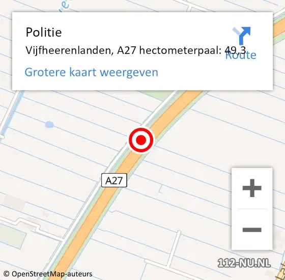 Locatie op kaart van de 112 melding: Politie Vijfheerenlanden, A27 hectometerpaal: 49,3 op 8 mei 2024 11:46