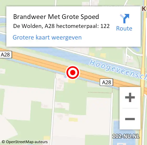 Locatie op kaart van de 112 melding: Brandweer Met Grote Spoed Naar De Wolden, A28 hectometerpaal: 122 op 8 mei 2024 13:44