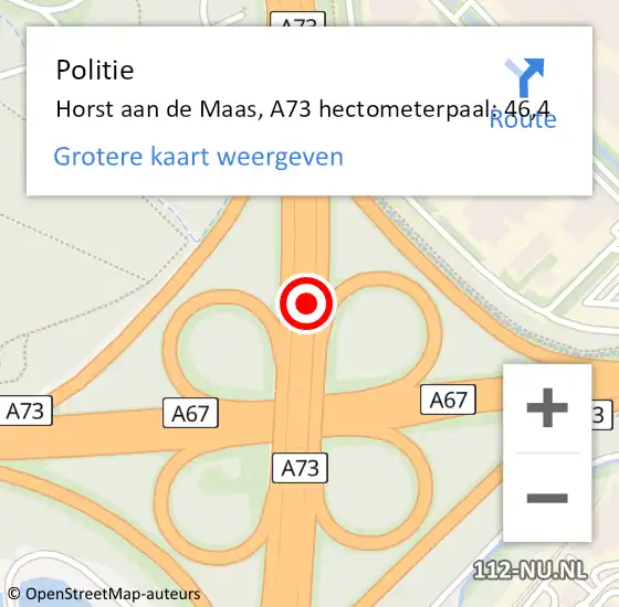 Locatie op kaart van de 112 melding: Politie Horst aan de Maas, A73 hectometerpaal: 46,4 op 8 mei 2024 14:55