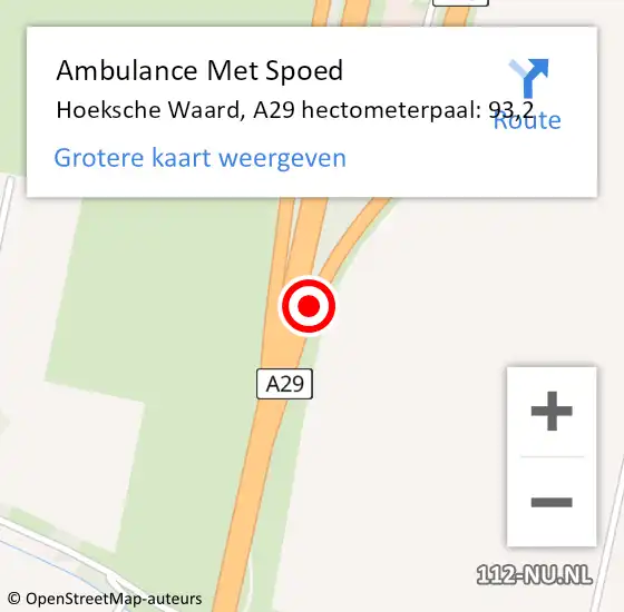 Locatie op kaart van de 112 melding: Ambulance Met Spoed Naar Hoeksche Waard, A29 hectometerpaal: 93,2 op 8 mei 2024 17:08