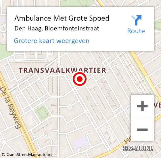 Locatie op kaart van de 112 melding: Ambulance Met Grote Spoed Naar Den Haag, Bloemfonteinstraat op 8 mei 2024 19:04